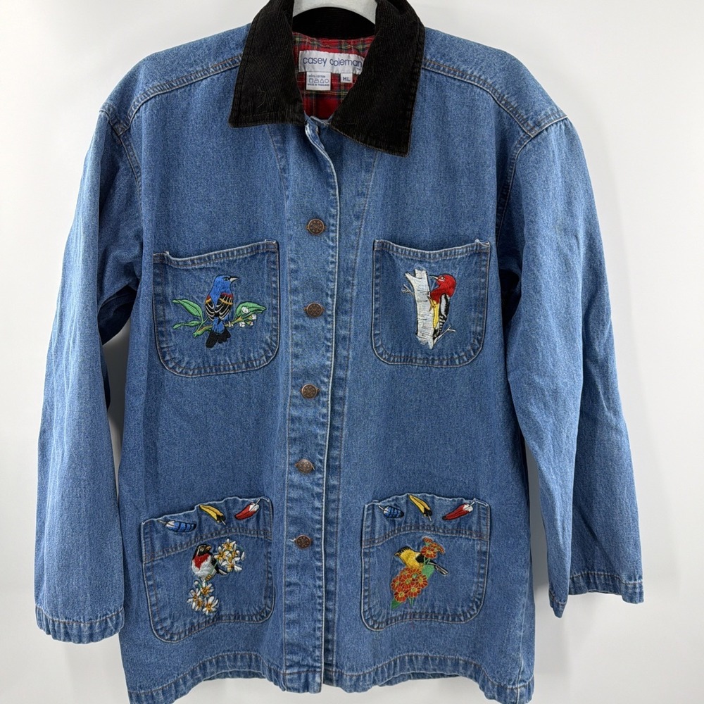 Casey Coleman Embroidered Chore Jacket Denim Birds Feathers Oversized Vtg Large